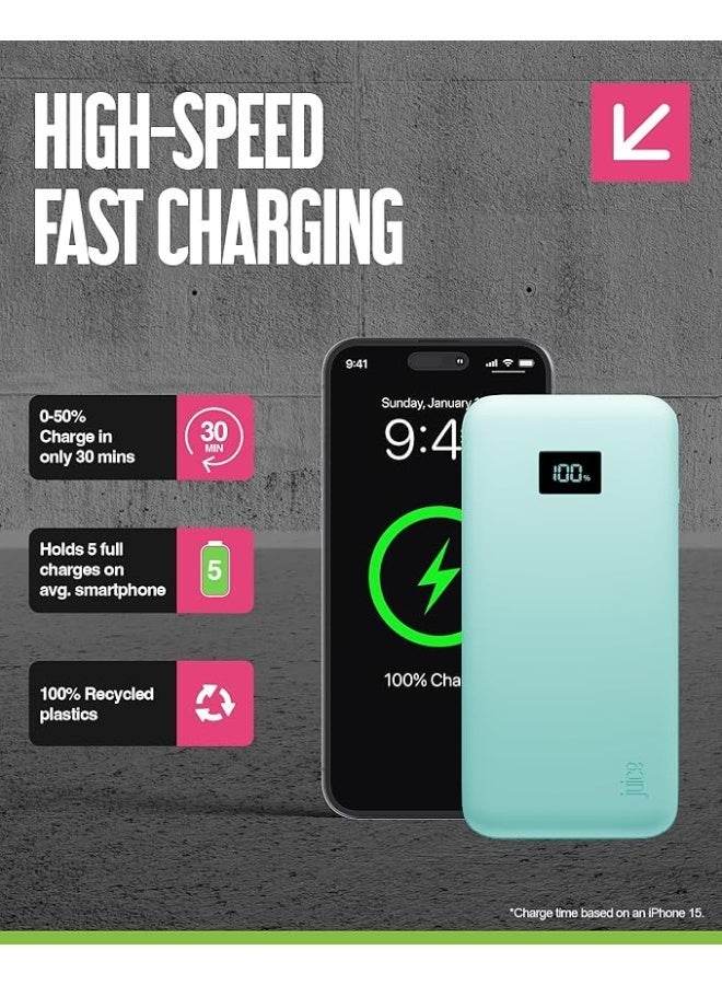 جوس بنك الطاقة Juice Eco المدمج Max Power Bank 20000mAh - شاحن محمول مع كابل USB-C مدمج، مخرج سريع 20 واط، شاشة رقمية، بنك الطاقة لأجهزة iPhone 15 16، Samsung، Android، GoPro، iPad - أزرق مخضر - Image 3